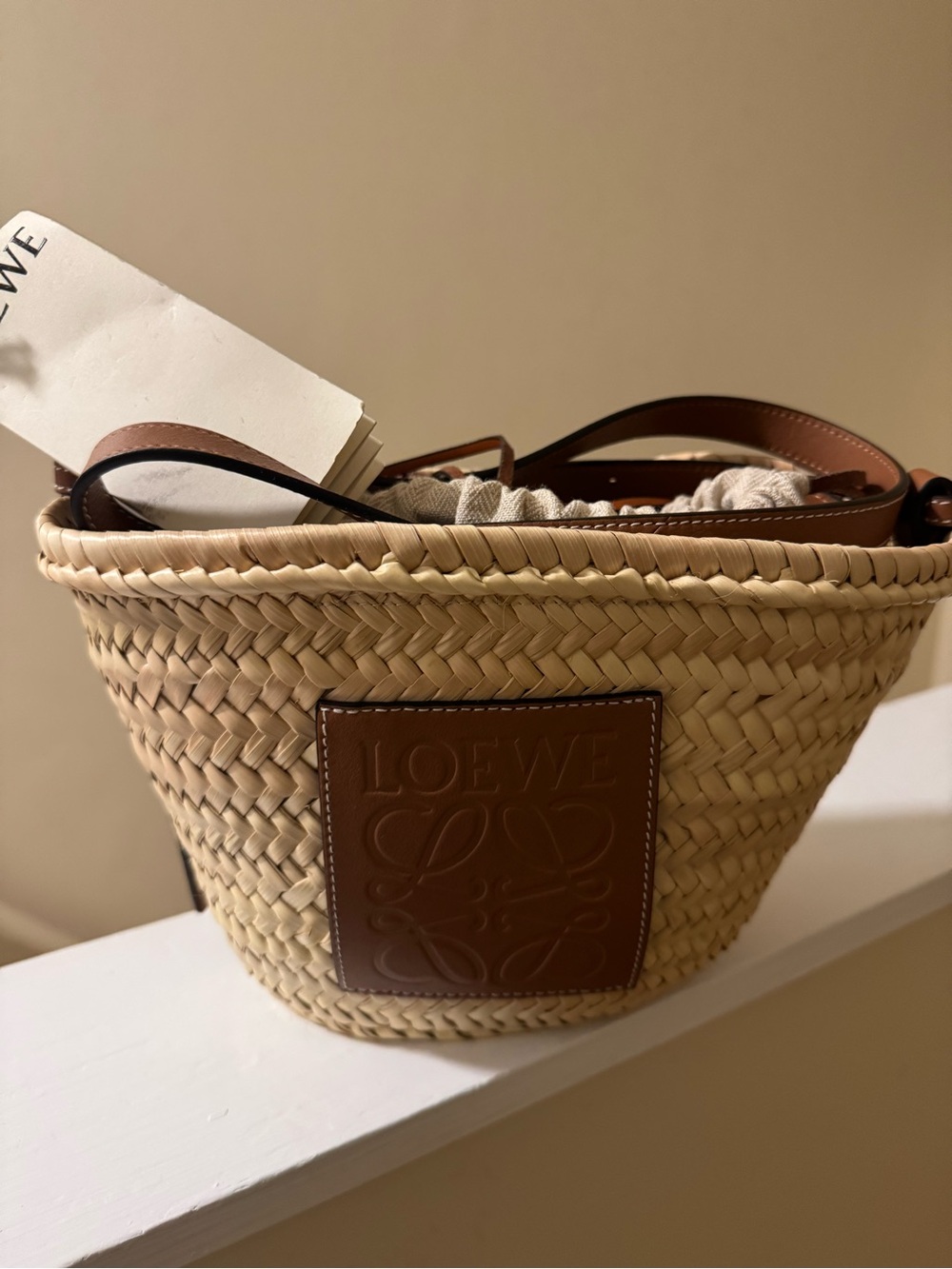Loewe drawstring bucket bag with Tan Leather Patch